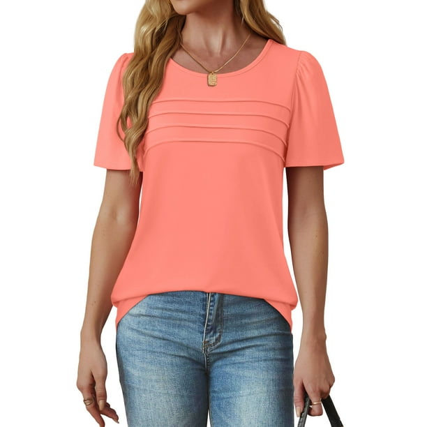 Fantaslook Women Blouses Dressy Casual Summer Short Sleeve Shirts Crew Neck Pleated Tunic Tops