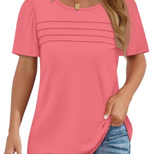 Fantaslook Women Blouses Dressy Casual Summer Short Sleeve Shirts Crew Neck Pleated Tunic Tops