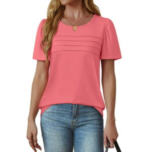 Fantaslook Women Blouses Dressy Casual Summer Short Sleeve Shirts Crew Neck Pleated Tunic Tops
