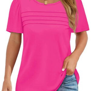 Fantaslook Women Blouses Dressy Casual Summer Short Sleeve Shirts Crew Neck Pleated Tunic Tops