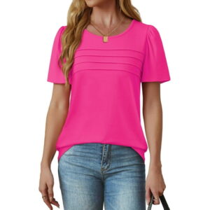 Fantaslook Women Blouses Dressy Casual Summer Short Sleeve Shirts Crew Neck Pleated Tunic Tops