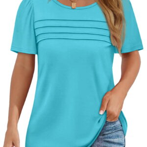 Fantaslook Women Blouses Dressy Casual Summer Short Sleeve Shirts Crew Neck Pleated Tunic Tops