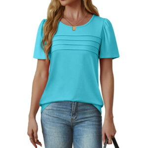 Fantaslook Women Blouses Dressy Casual Summer Short Sleeve Shirts Crew Neck Pleated Tunic Tops