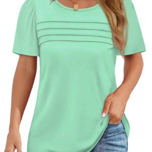 Fantaslook Women Blouses Dressy Casual Summer Short Sleeve Shirts Crew Neck Pleated Tunic Tops
