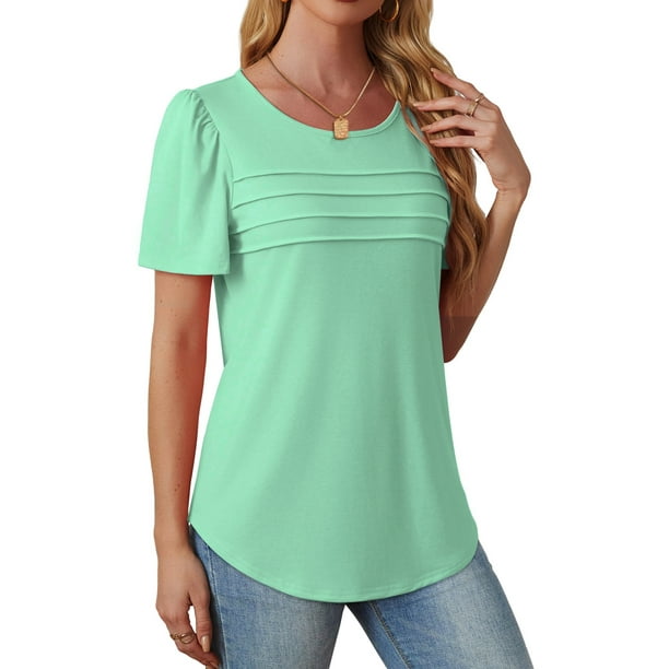 Fantaslook Women Blouses Dressy Casual Summer Short Sleeve Shirts Crew Neck Pleated Tunic Tops
