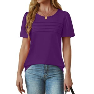 Fantaslook Women Blouses Dressy Casual Summer Short Sleeve Shirts Crew Neck Pleated Tunic Tops
