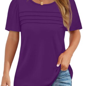 Fantaslook Women Blouses Dressy Casual Summer Short Sleeve Shirts Crew Neck Pleated Tunic Tops
