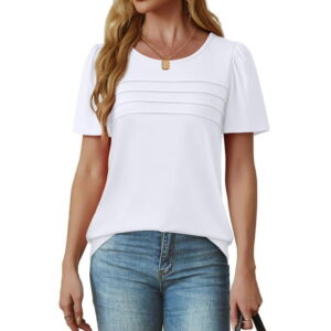 Fantaslook Women Blouses Dressy Casual Summer Short Sleeve Shirts Crew Neck Pleated Tunic Tops
