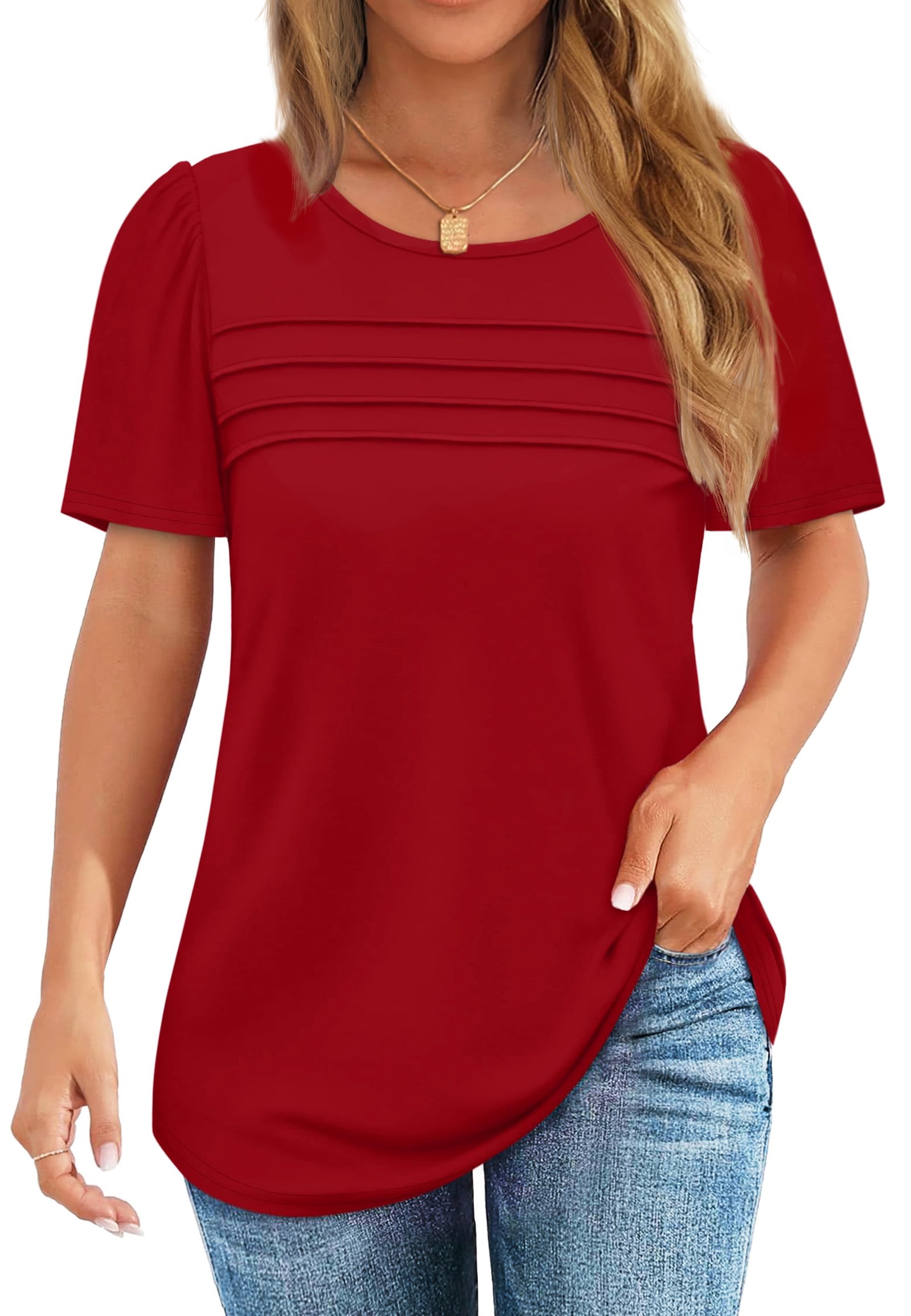 Fantaslook Women Blouses Dressy Casual Summer Short Sleeve Shirts Crew Neck Pleated Tunic Tops