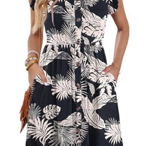 Fantaslook Women Summer Dresses V Neck Ruffle Sleeve Casual Flowy Sundresses Button Floral Midi Dress with Pockets