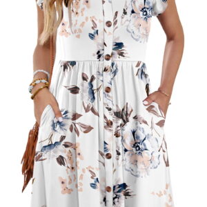 Fantaslook Women Summer Dresses V Neck Ruffle Sleeve Casual Flowy Sundresses Button Floral Midi Dress with Pockets