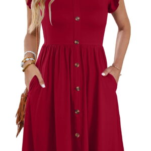 Fantaslook Women Summer Dresses V Neck Ruffle Sleeve Casual Flowy Sundresses Button Floral Midi Dress with Pockets