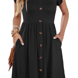 Fantaslook Women Summer Dresses V Neck Ruffle Sleeve Casual Flowy Sundresses Button Floral Midi Dress with Pockets