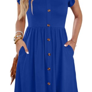 Fantaslook Women Summer Dresses V Neck Ruffle Sleeve Casual Flowy Sundresses Button Floral Midi Dress with Pockets