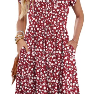 Fantaslook Women Summer Dresses V Neck Ruffle Sleeve Casual Flowy Sundresses Button Floral Midi Dress with Pockets