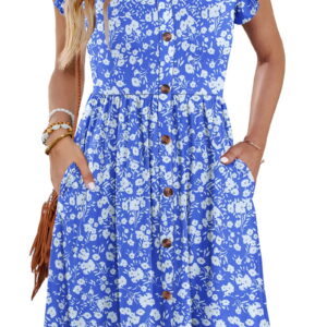 Fantaslook Women Summer Dresses V Neck Ruffle Sleeve Casual Flowy Sundresses Button Floral Midi Dress with Pockets