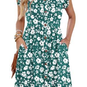 Fantaslook Women Summer Dresses V Neck Ruffle Sleeve Casual Flowy Sundresses Button Floral Midi Dress with Pockets