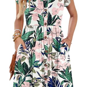 Fantaslook Women Summer Dresses V Neck Ruffle Sleeve Casual Flowy Sundresses Button Floral Midi Dress with Pockets