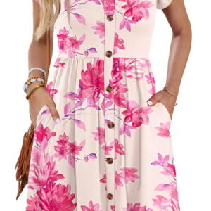 Fantaslook Women Summer Dresses V Neck Ruffle Sleeve Casual Flowy Sundresses Button Floral Midi Dress with Pockets