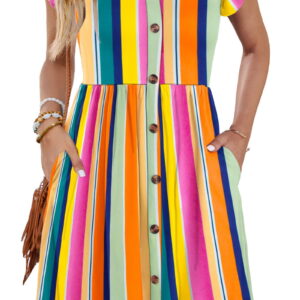Fantaslook Women Summer Dresses V Neck Ruffle Sleeve Casual Flowy Sundresses Button Floral Midi Dress with Pockets