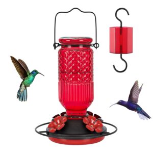 FEED GARDEN Glass Hummingbird Feeder for Outdoors Hanging, 16 OZ Humming Birds Feeders with 4 Bee Guard Feeding Ports & Built-in Ant Moat, Bird Feeder for Outside, Gifts for...