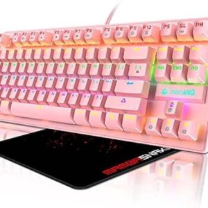 FELICON Mechanical Gaming Keyboard 87 Keys Compact Tenkeyless Rainbow LED Backlit Illuminate Wired Computer Keyboard with Blue Switches and Mouse Pad