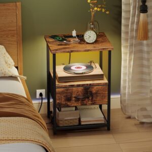 Fixwal Night Stand with Charging Station, LED Nightstand with Fabric Drawers, End Table with PU Finish, Bedside Table, Rustic Brown