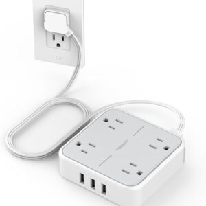 Flat Plug Surge Protector Power Bar, TESSAN 5 ft Extension Cord Indoor with 4 Outlets and 3 USB Ports, Desktop Power Strip, Mountable Charging Station for Home Office Dorm Travel