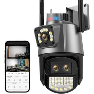 Gadpiparty Wire-Free Camera 4K 9MP HD PTZ IP Camera Outdoor 8X Zoom Three Lens Dual Screen Camera 6MP Police Light Alarm Video Surveillance