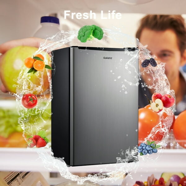 Galanz 3.3 Cu ft One Door Mini Fridge, Estar, Stainless Steel Look, New