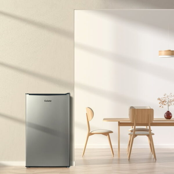 Galanz 3.3 Cu ft One Door Mini Fridge, Estar, Stainless Steel Look, New