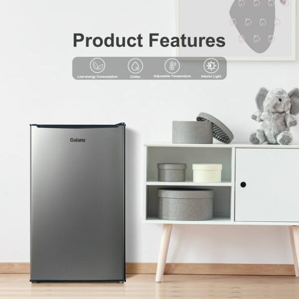 Galanz 3.3 Cu ft One Door Mini Fridge, Estar, Stainless Steel Look, New