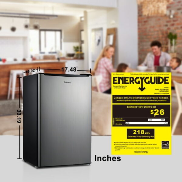 Galanz 3.3 Cu ft One Door Mini Fridge, Estar, Stainless Steel Look, New