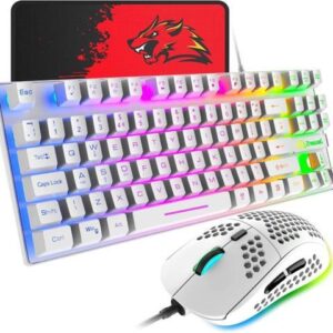 Gaming Keyboard and Mouse Combo,88 Keys Compact Rainbow Backlit Mechanical Feel Keyboard, RGB Backlit 6400 DPI Lightweight Gaming Mouse with Honeycomb