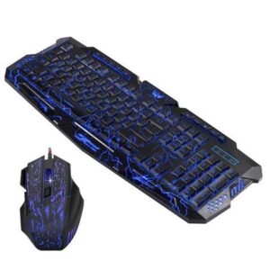 Gaming Keyboard and Mouse Combo, LED Backlit Keyboard, USB Wired Gaming Mouse, 3 Color Blue/Red/Purple LED Backlit Crack Keyboard and Mouse Set for