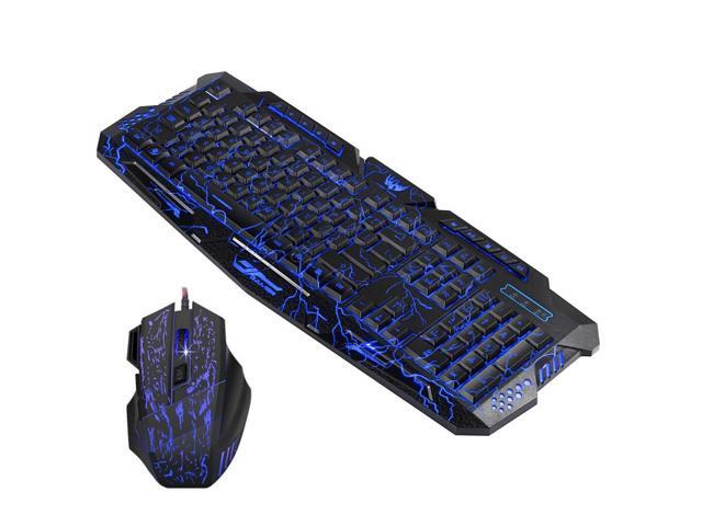 Gaming Keyboard and Mouse Combo, LED Backlit Keyboard, USB Wired Gaming Mouse, 3 Color Blue/Red/Purple LED Backlit Crack Keyboard and Mouse Set for