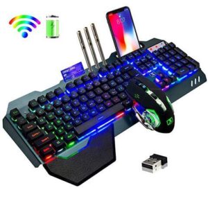Gaming Keyboard and Mouse,Rainbow Backlit Rechargeable Keyboard Mouse with 3800mAh Battery Metal Panel,Removable Hand Rest Mechanical Feel Keyboard