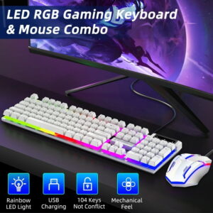 Gaming Keyboard & Mouse, 104 Keys LED RGB Backlit Quiet Computer Keyboard, Multimedia Keys, 26 Anti-ghosting Keys, Waterproof Light up USB Wired Keyboard for PC Gamers Desktop...