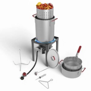 GasOne 30QT Turkey Fryer and 10QT Fish Fryer Set, Seafood Boil Steamer, Crawfish Boiler, Outdoor Cooker for Crab, Shrimp, Lobster, Complete Black Fryer Kit for Holiday and...