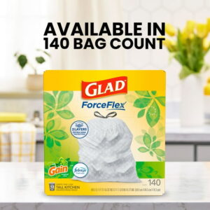Glad ForceFlex Tall Kitchen Drawstring Trash Bags, 13 Gal, Gain Original with Febreze, 140 Ct