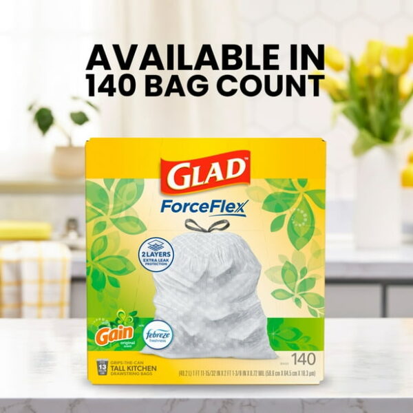 Glad ForceFlex Tall Kitchen Drawstring Trash Bags, 13 Gal, Gain Original with Febreze, 140 Ct