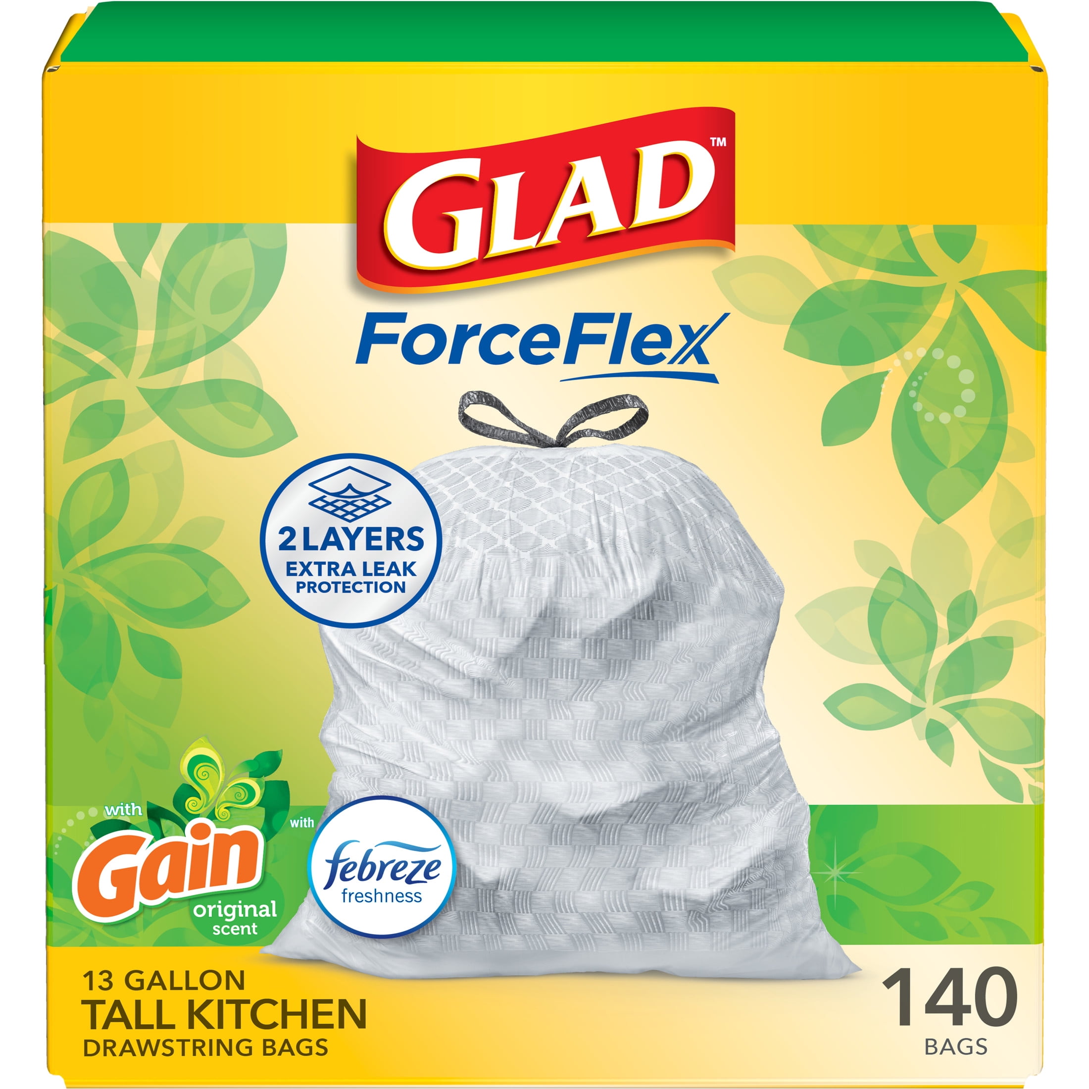 Glad ForceFlex Tall Kitchen Drawstring Trash Bags, 13 Gal, Gain Original with Febreze, 140 Ct