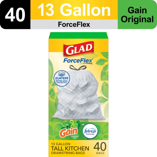 Glad ForceFlex Tall Kitchen Drawstring Trash Bags, 13 Gallon, Gain Original with Febreze Freshness, 40 Count Glad ForceFlex Tall Kitchen Drawstring Trash Bags, 13 Gallon, Gain Original with Febreze Freshness, 40 Count