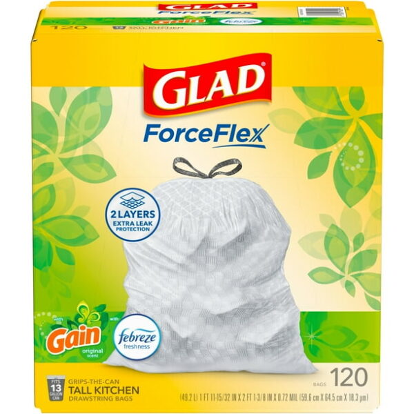 Glad ForceFlex Tall Kitchen Drawstring Trash Bags, 13 Gallon, Gain Original with Febreze Freshness, 120 Count