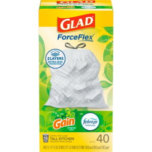 Glad ForceFlex Tall Kitchen Drawstring Trash Bags, 13 Gallon, Gain Original with Febreze Freshness, 40 Count