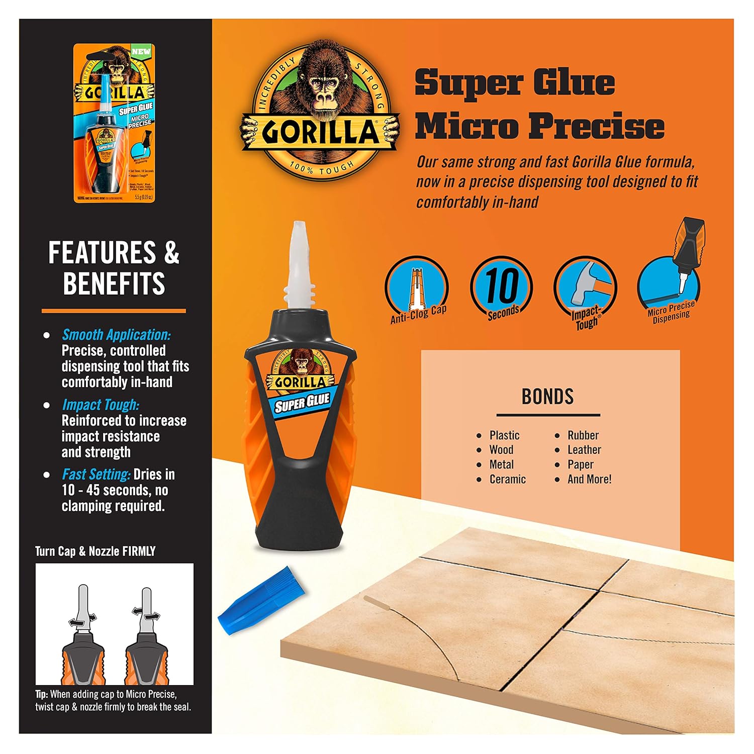 Gorilla Micro Precise Super Glue, Fast-Setting Cyanoacrylate, Precise Applicator, Anti-Clog Cap, Clear, 0.19oz/5g, Pack of 1