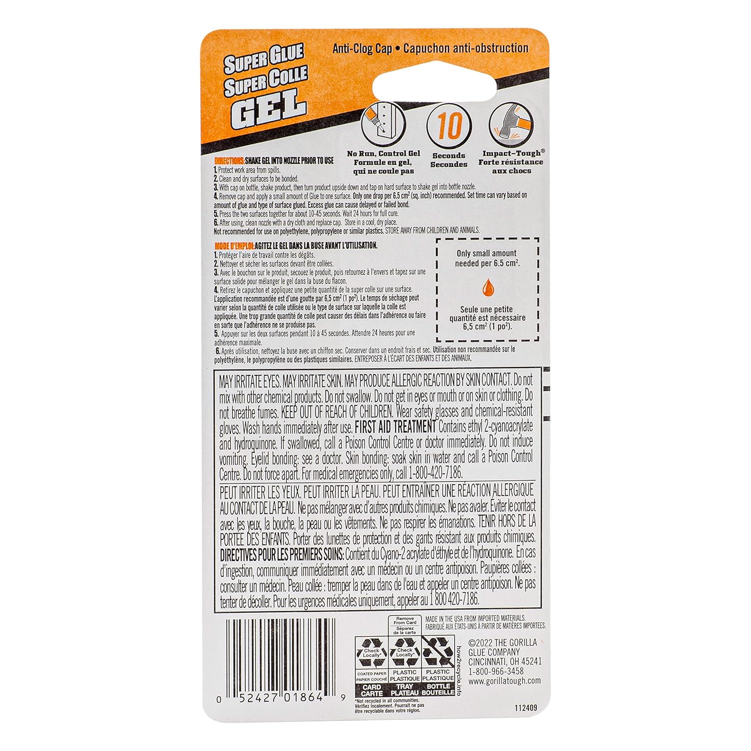 Gorilla Super Glue Gel, Fast-Setting, Thicker Controlled Formula, Anti-Clog Cap, Versatile Cyanoacrylate Glue, Clear, 0.53oz/15g, (Pack of 1), 112441
