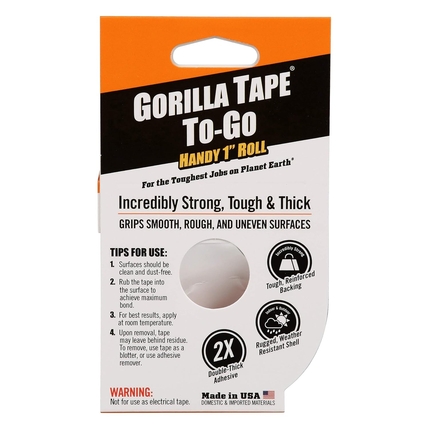 Gorilla Tape To-Go, Double Thick Adhesive, Weather Resistant Shell, Reinforced Backing, Travel Size Roll, Black, 1in x 30ft (2.5cm x 9.14m) Pack of 1 - 6101001
