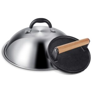 Griddle Accessories for Blackstone, Commercial Grade 12 Inch Heavy Duty Round Melting Dome with 7" Round Cast Iron Grill Burger Bacon Press, Perfect for Blackstone Camp Chef...