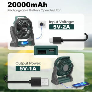 GVDV Camping Fan with LED Lantern, 20000mAh Portable Battery Operated Outdoor Fan, Personal Rechargeable Desk Fan for Travel, Hiking, Fishing, Picnic, Green